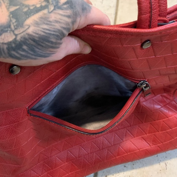 Bright Red PU Leather Geometric Pattern Tote Bag Satchel - Spacious Interior - Picture 3 of 15